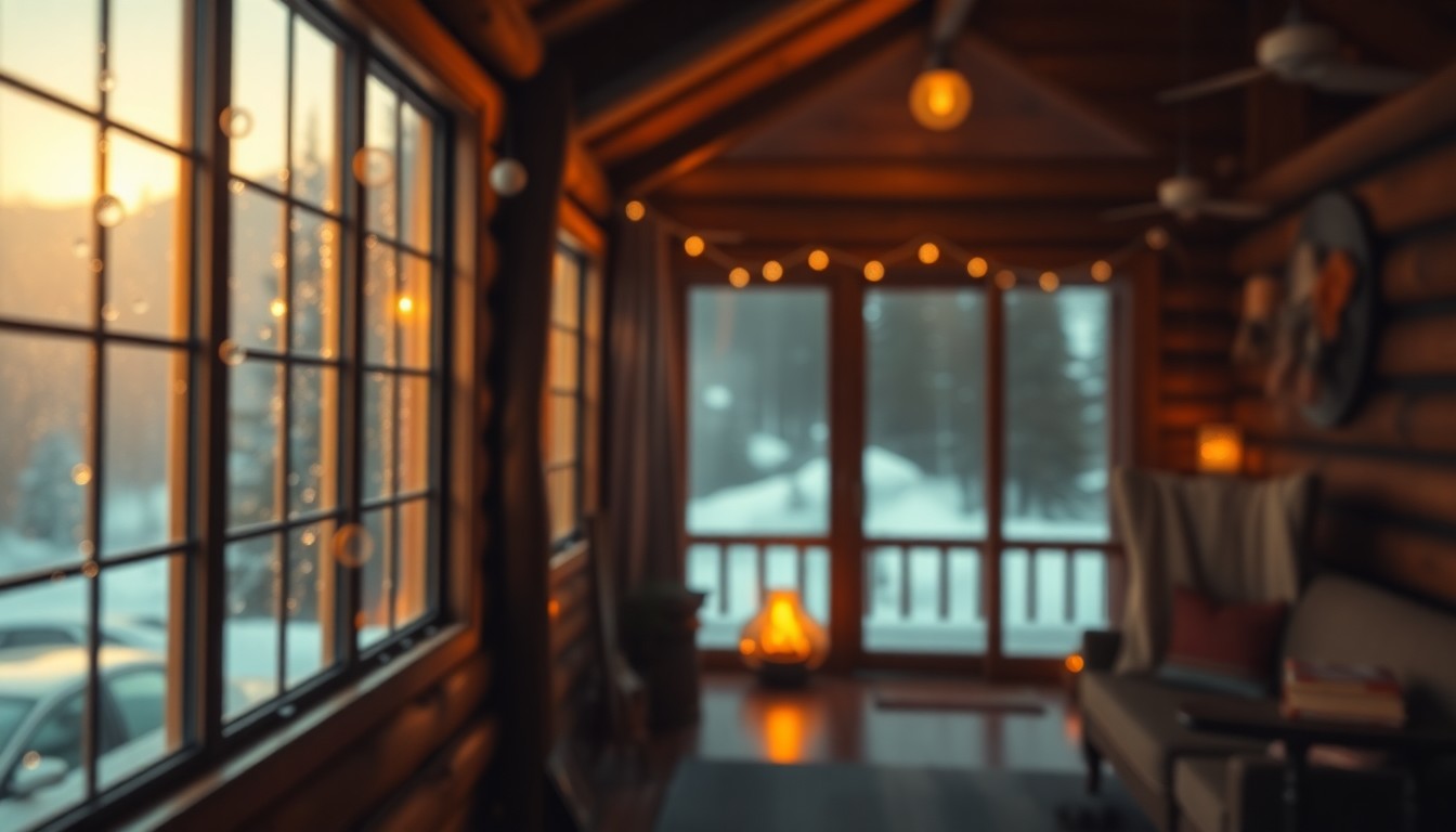 An extremely abstracted, out-of-focus photograph shot through condensation-streaked glass, composed of warm pools of light and color that evoke the cozy, rustic elegance of a mountain cabin interior.