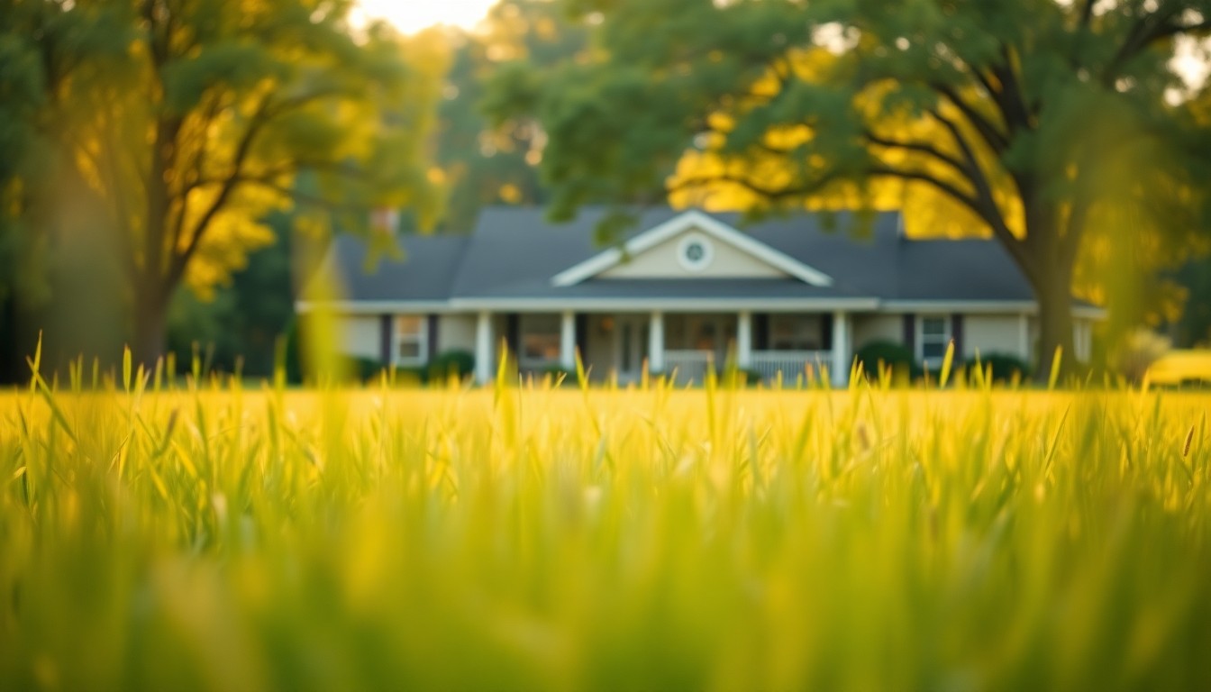 An extremely abstracted, out-of-focus photograph of a rural, countryside scene with a classic ranch-style home in the background, composed entirely of soft pools of warm color and light, conceptually representing the tranquil and picturesque setting of the Sauvie Island property.
