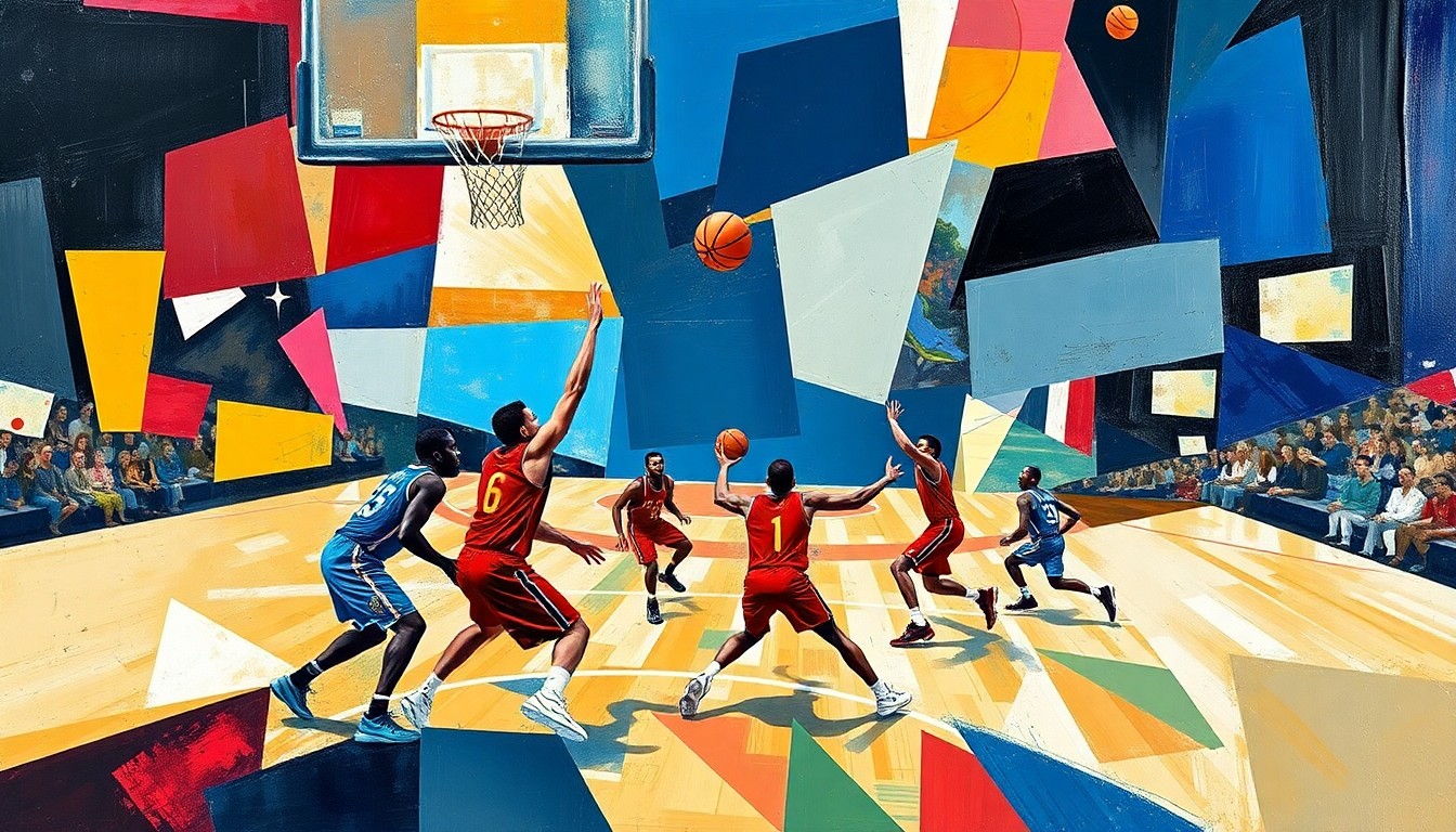 A fragmented, geometric painting depicting the dynamic motion and energy of a basketball game, with the players' forms broken down into abstract shapes and planes of color.