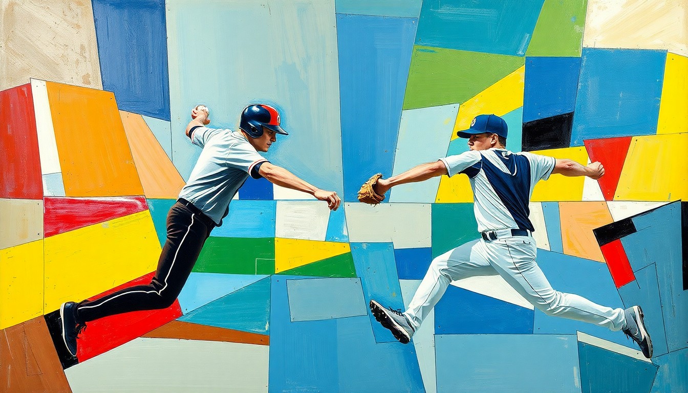 A cubist-style painting depicting the pitching matchup between Sandy Alcantara and Tarik Skubal, with their forms fractured and abstracted into sharp, overlapping geometric shapes and planes of color.