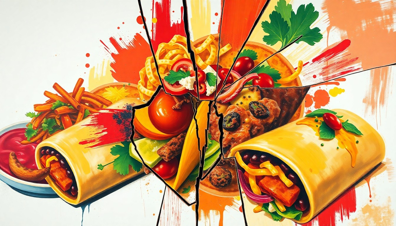 A dynamic, abstract painting featuring overlapping, geometric shapes in shades of red, yellow, and green, representing the clashing political and cultural forces surrounding a Latino-owned business.
