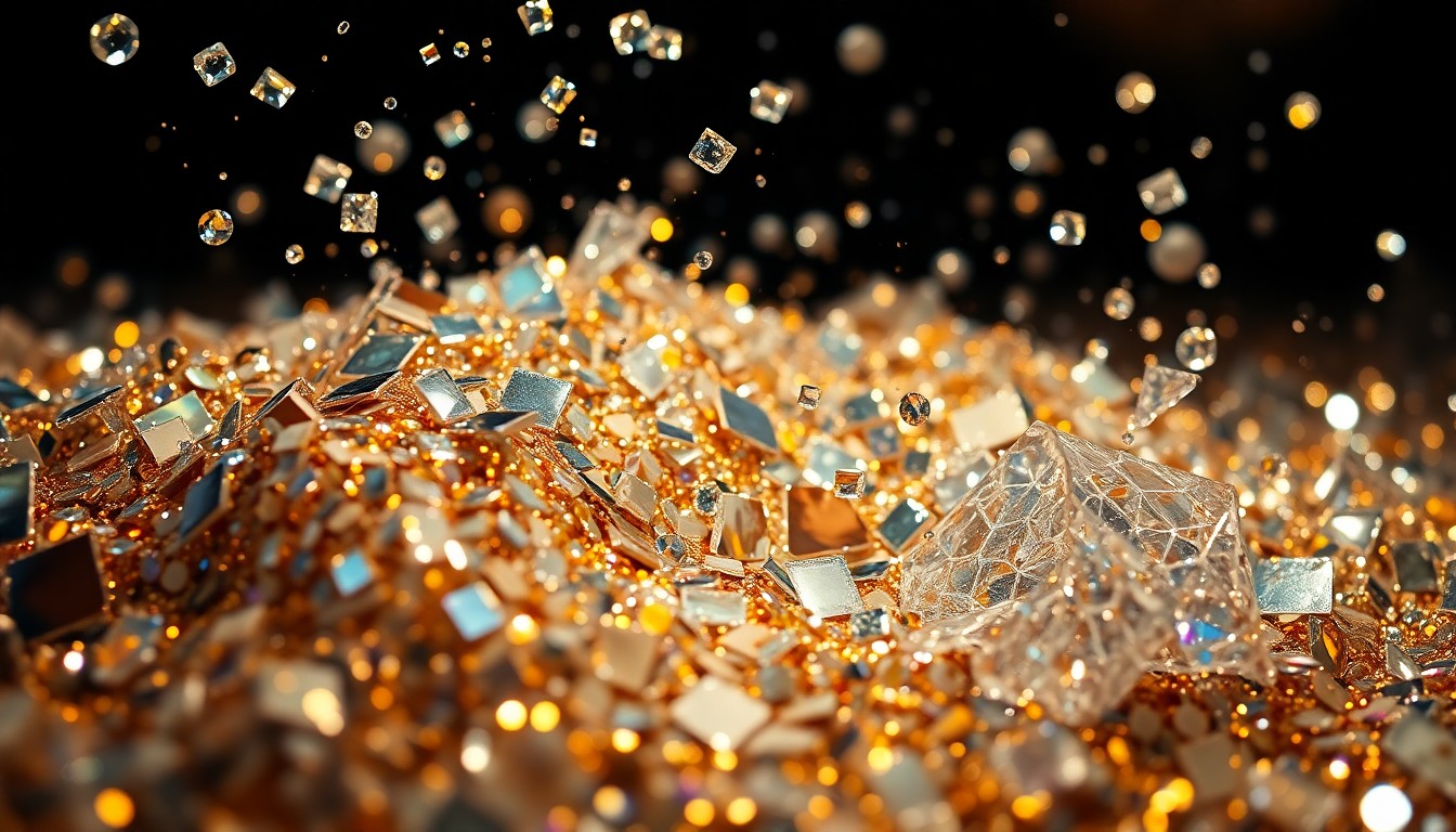 An abstract close-up photograph of luxurious, sparkling textures like sequins and shattered glass, conveying the glamour and opulence of a celebrity-filled event.