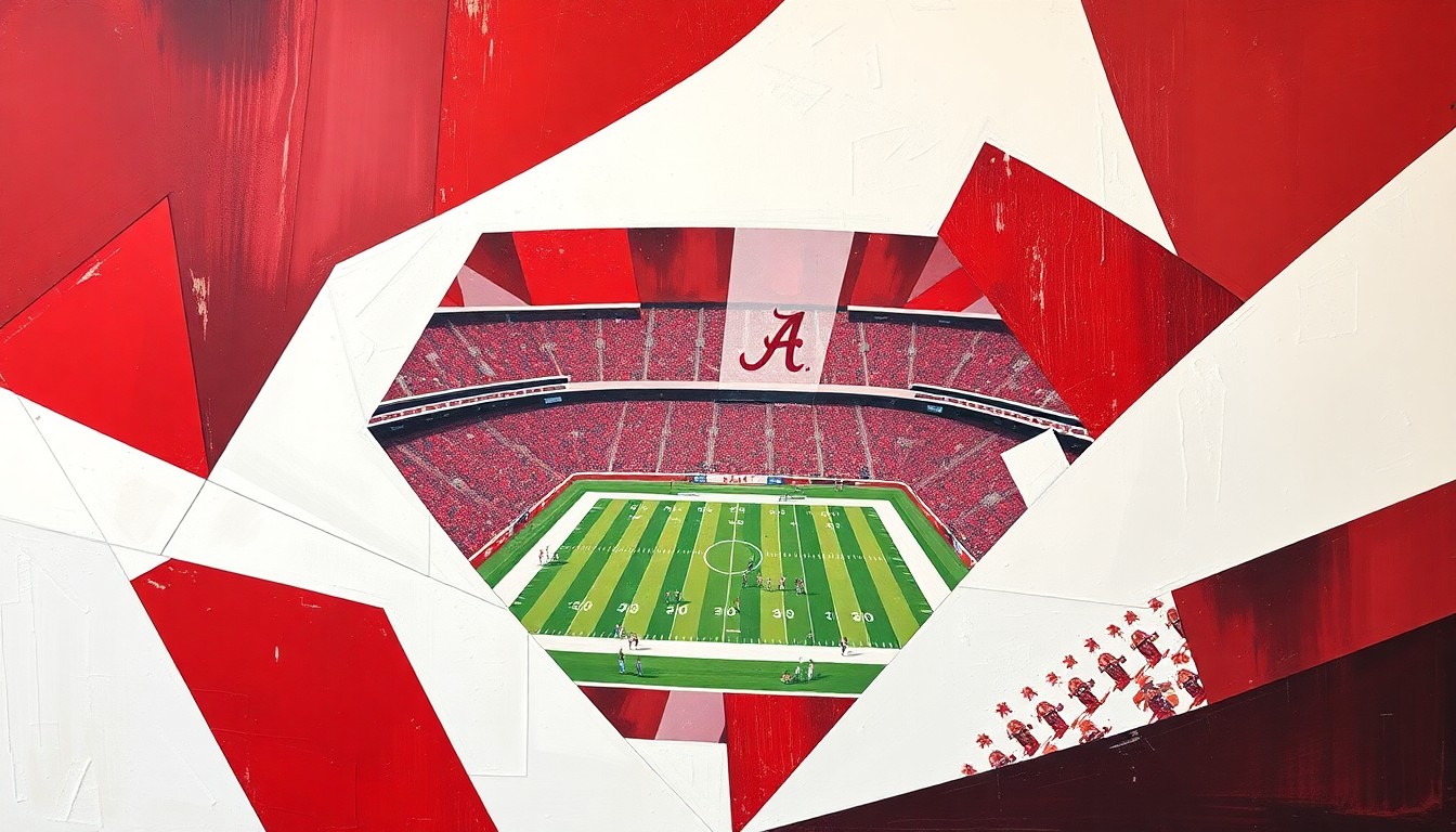 A cubist, geometric painting in shades of crimson and white, depicting the chaotic action of a college football game with overlapping shapes and angles, conveying the energy and intensity of the sport.