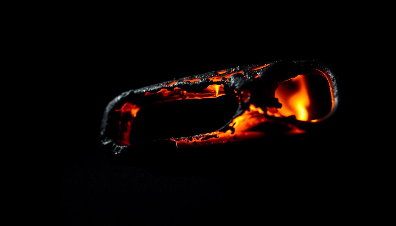 An extreme close-up photograph of a melted and charred car part, conceptually illustrating the devastating aftermath of a fatal vehicle collision.