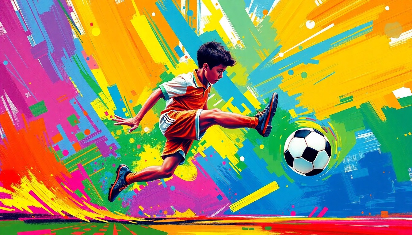 An abstract, expressionist painting in vibrant neon colors depicting the explosive energy and raw athleticism of a soccer player scoring a dramatic, long-range goal.