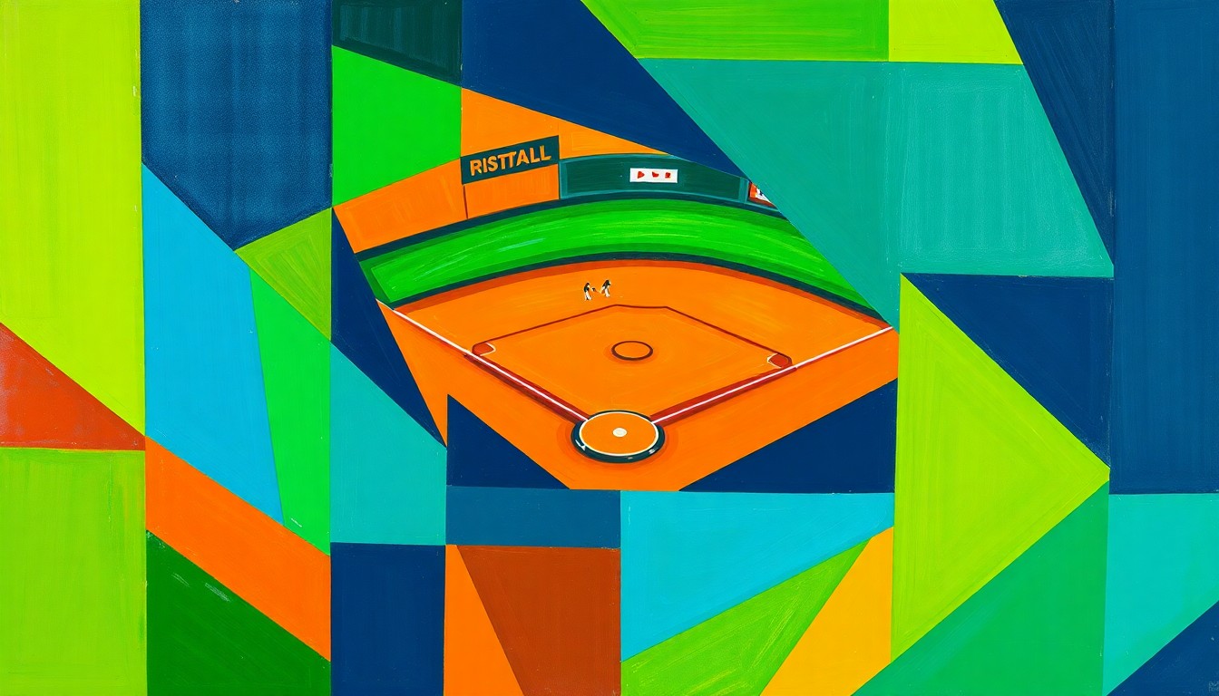 A cubist, geometric painting depicting a baseball game in motion, with overlapping planes of bright green, navy blue, and burnt orange representing the dynamic action on the field.
