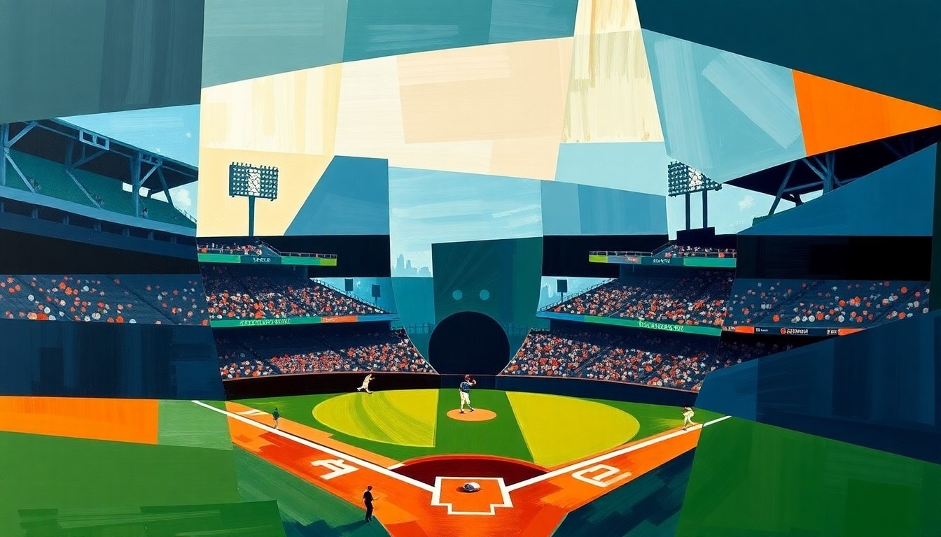 A fractured, geometric painting in shades of blue, green, and orange, depicting the dynamic action of a baseball game through Cubist-inspired shapes and planes.