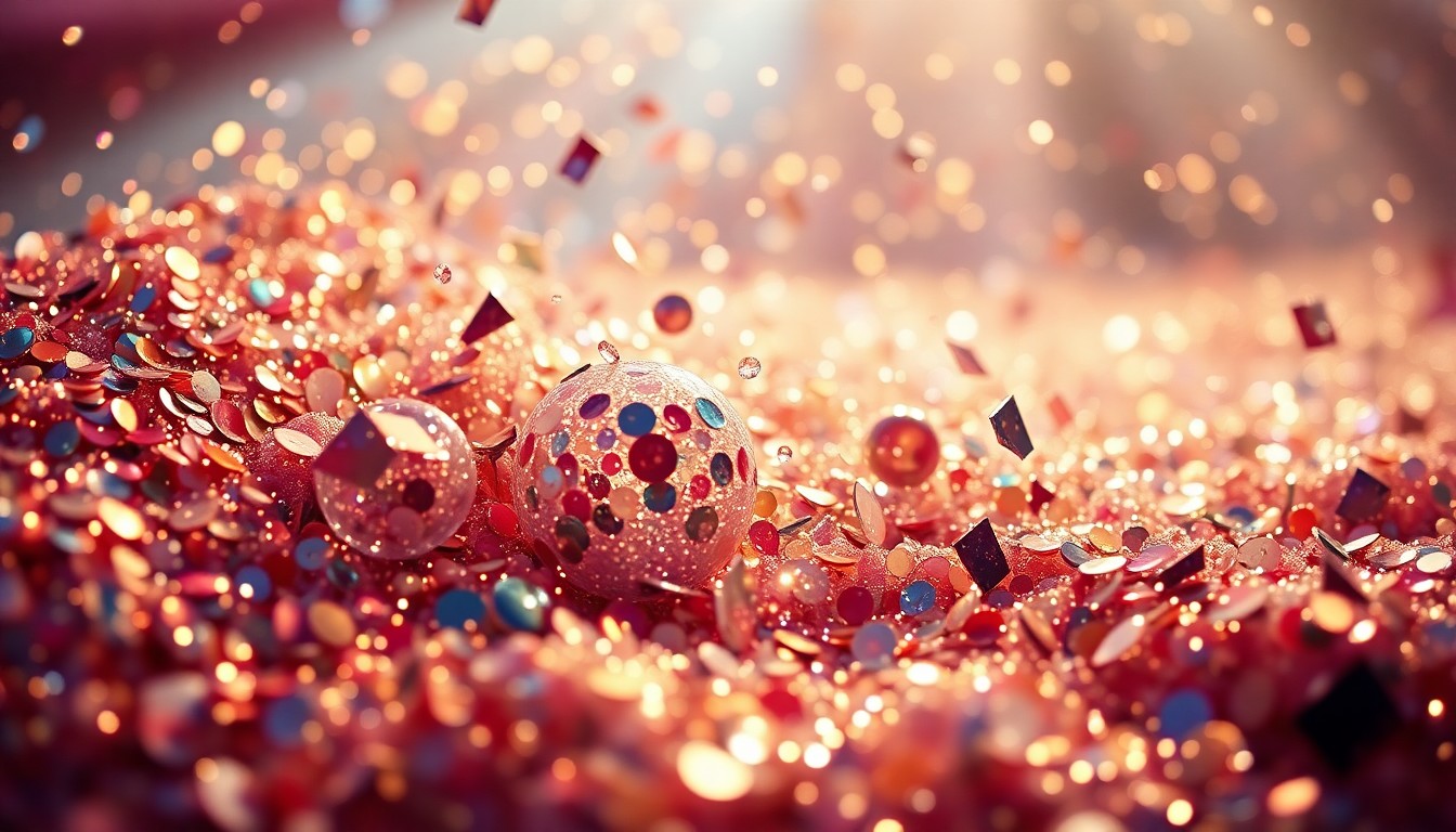 An abstract close-up photograph featuring a dazzling array of glittering sequins and shattered glass, evoking the high-energy and glamorous atmosphere of Sabrina Carpenter's Coachella performance.