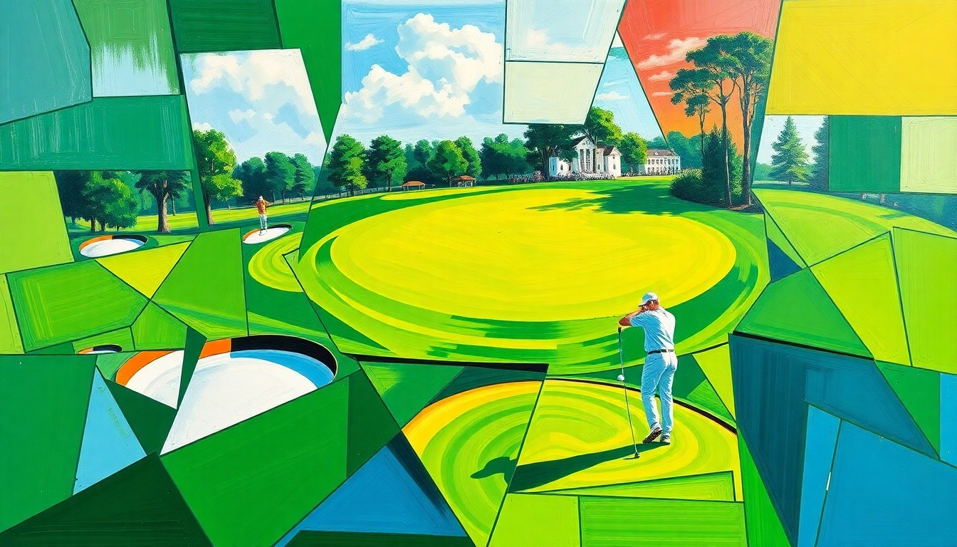 A cubist, geometric painting depicting the fractured, multi-angled view of a golf ball in flight, surrounded by sharp planes of green, white, and blue representing the golf course, capturing the dynamic energy of Shane Lowry's hole-in-one shot at The Masters.