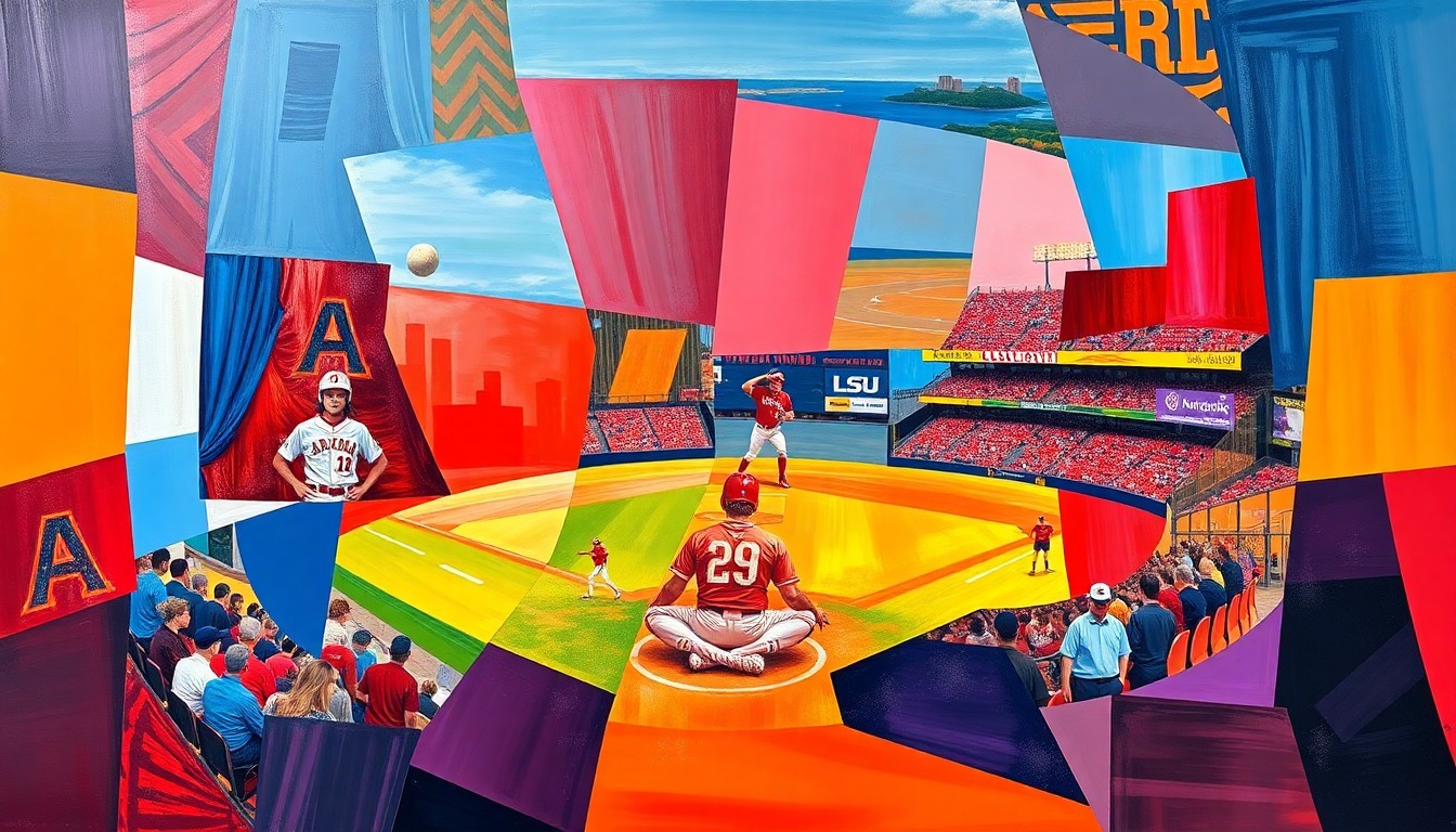 A cubist, geometric painting depicting a softball game, with sharp, overlapping planes of color representing the dynamic action on the field.