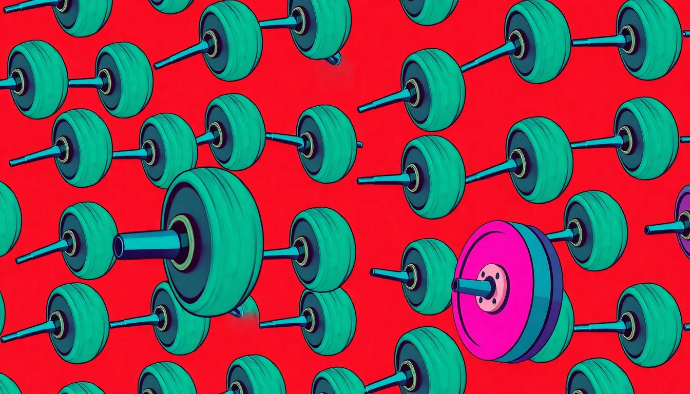 A highly stylized, abstract illustration featuring a weightlifting barbell repeated in a grid pattern, rendered in a bold, neon color palette and high-contrast silkscreen technique to capture the energy and empowerment of the story.
