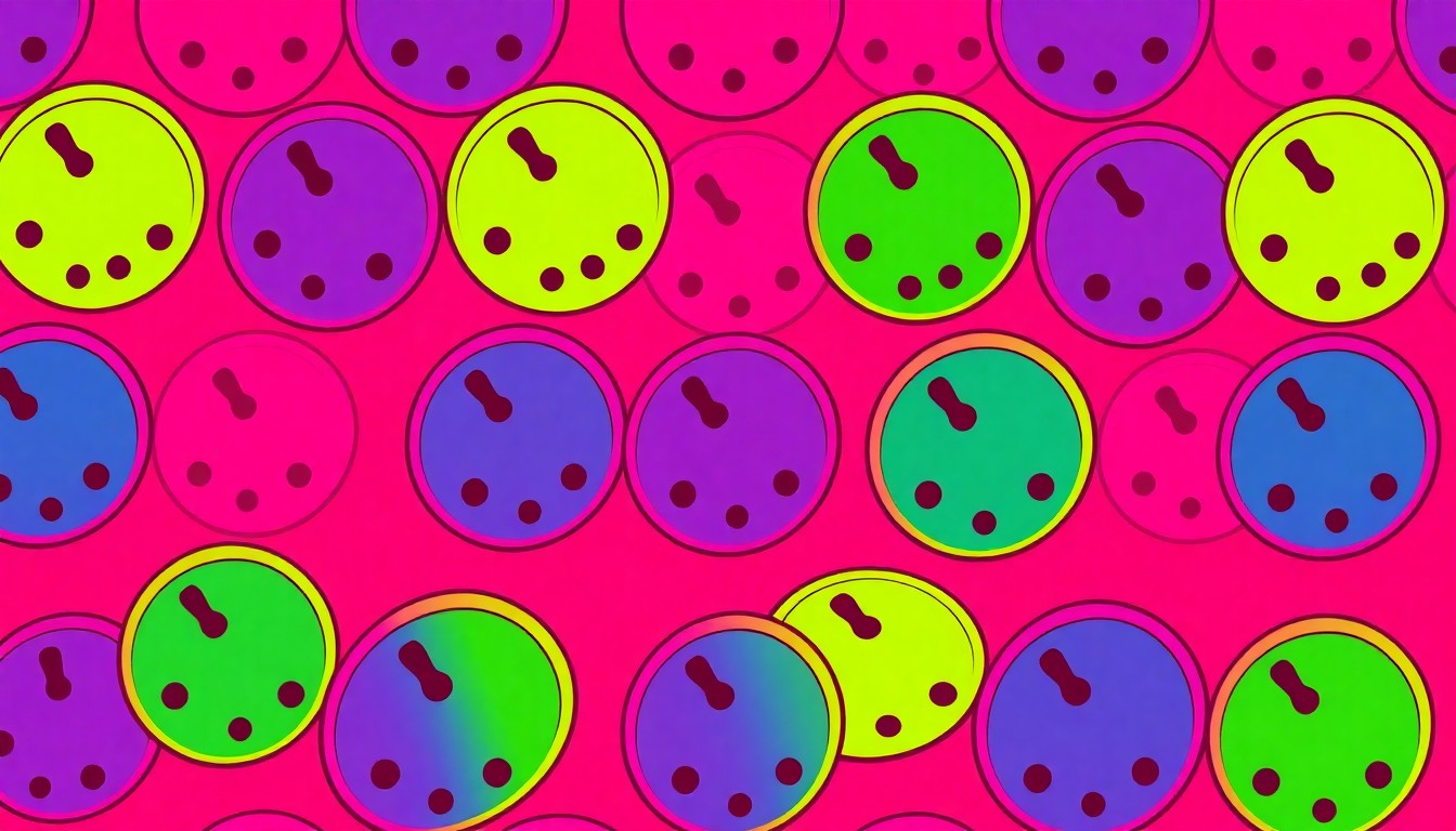 A high-contrast, silkscreen-style illustration featuring a grid of brightly colored, neon-hued castanets, representing the iconic imagery and festive spirit of the Old Spanish Days Fiesta in Santa Barbara.