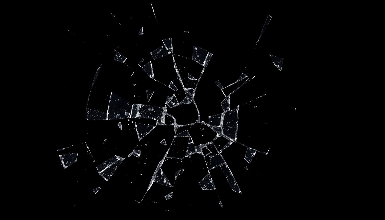 An extreme close-up photograph of broken glass shards reflecting a harsh, direct camera flash, conceptually representing the aftermath of a violent incident at a bar.