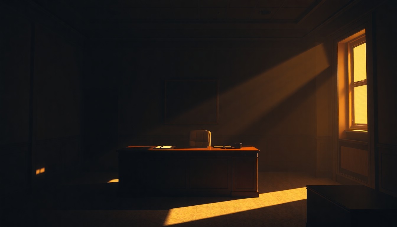 A quiet, cinematic painting of a lone politician's desk in an empty government office, with warm diagonal sunlight and deep shadows, conveying a sense of solitude and uncertainty.