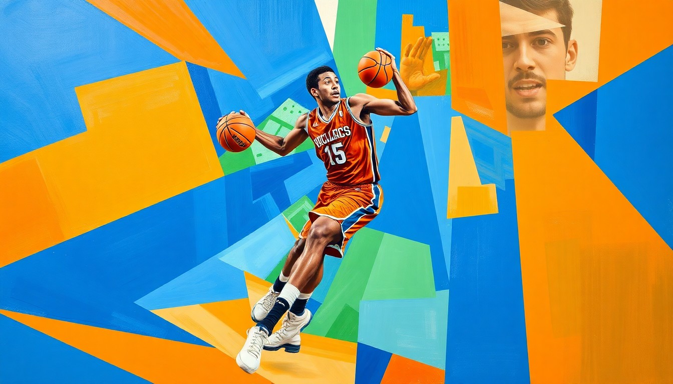 A cubist, geometric painting depicting a basketball player in motion, with sharp, overlapping planes of color representing the dynamic energy of the sport.