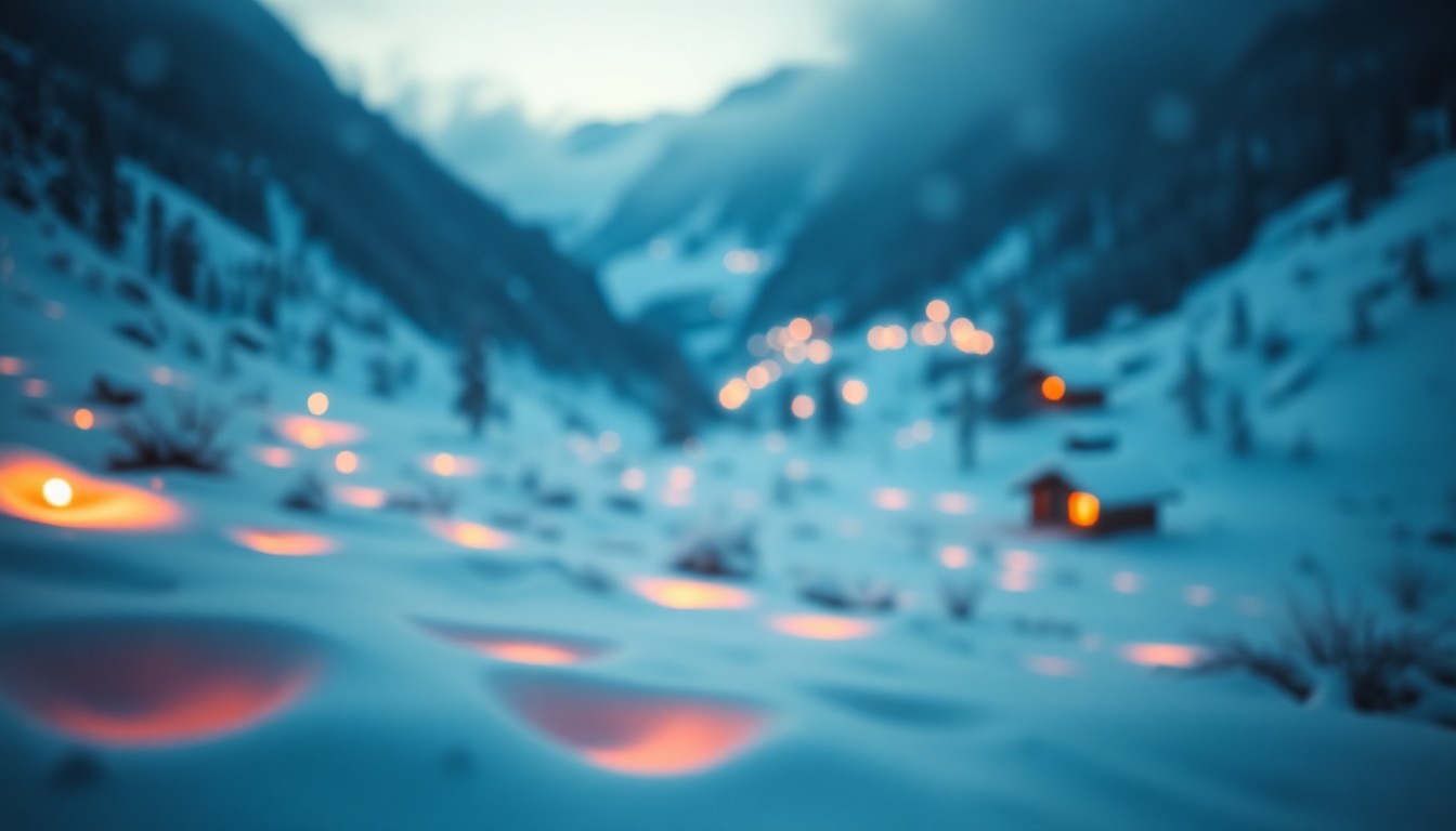 An abstract, out-of-focus photograph featuring soft, warm pools of light and color, conceptually representing the cozy, intimate atmosphere of a mountain retreat.