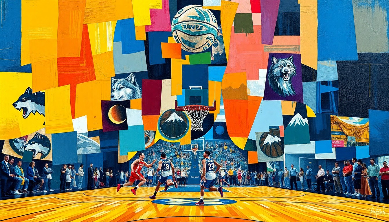 A cubist, geometric painting depicting a basketball game between the Timberwolves and Nuggets, with overlapping planes of color representing the players and action on the court.