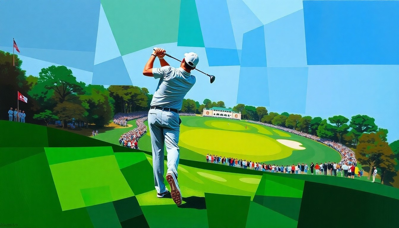 A cubist, geometric painting depicting the various elements of Rory McIlroy's golf swing and the challenging Amen Corner stretch at the Masters tournament, with overlapping planes of color and form creating a dynamic, abstract representation of the pivotal moment in the competition.