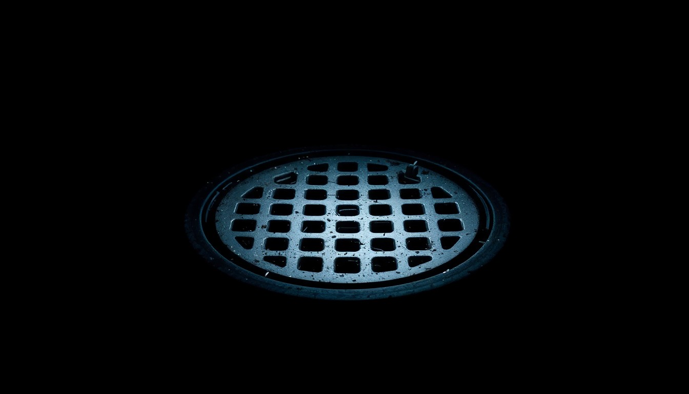 An extreme close-up photograph of a scratched and worn swimming pool drain cover, lit by a harsh camera flash against a pitch-black background, conceptually representing the aftermath of a near-drowning incident.