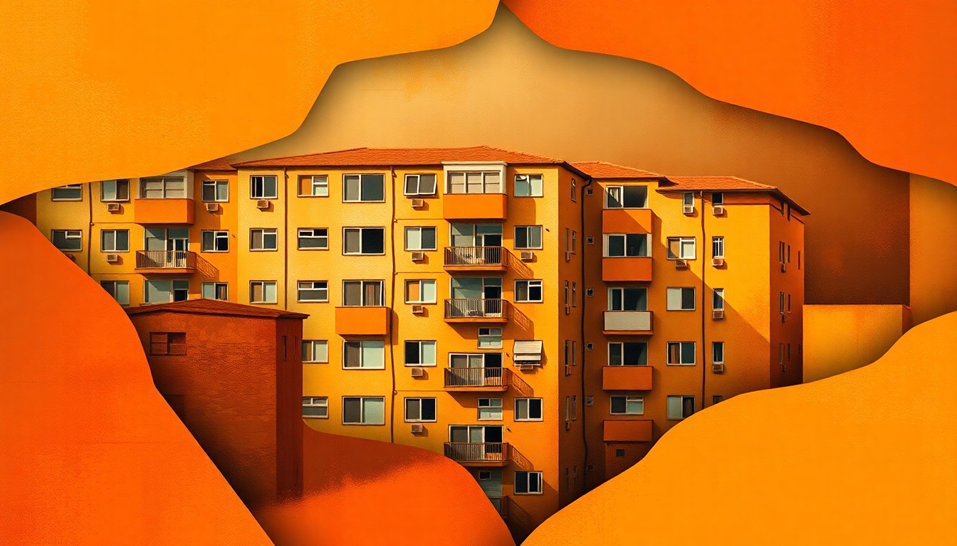 A fractured, abstract painting of an apartment building or housing complex in warm, earthy tones, conveying the concept of affordable housing initiatives in the city of Antioch.