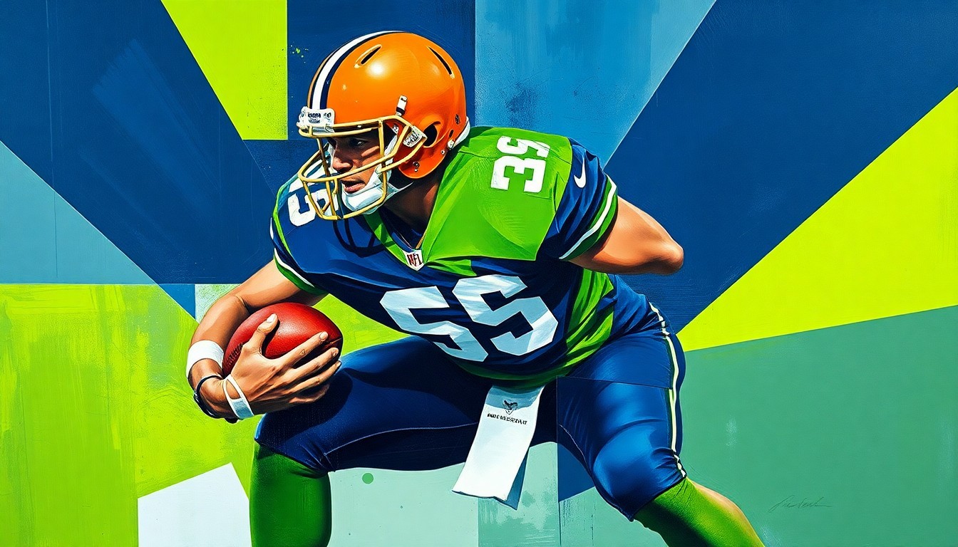 A cubist, geometric illustration depicting a football player in a defensive stance, with sharp, overlapping planes of navy blue, lime green, and burnt orange.