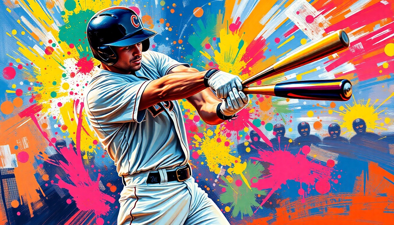 An abstract, energetic painting in neon colors depicting the powerful swing and impact of a baseball player hitting a home run, with the batter's form dissolved into expressive brushstrokes.