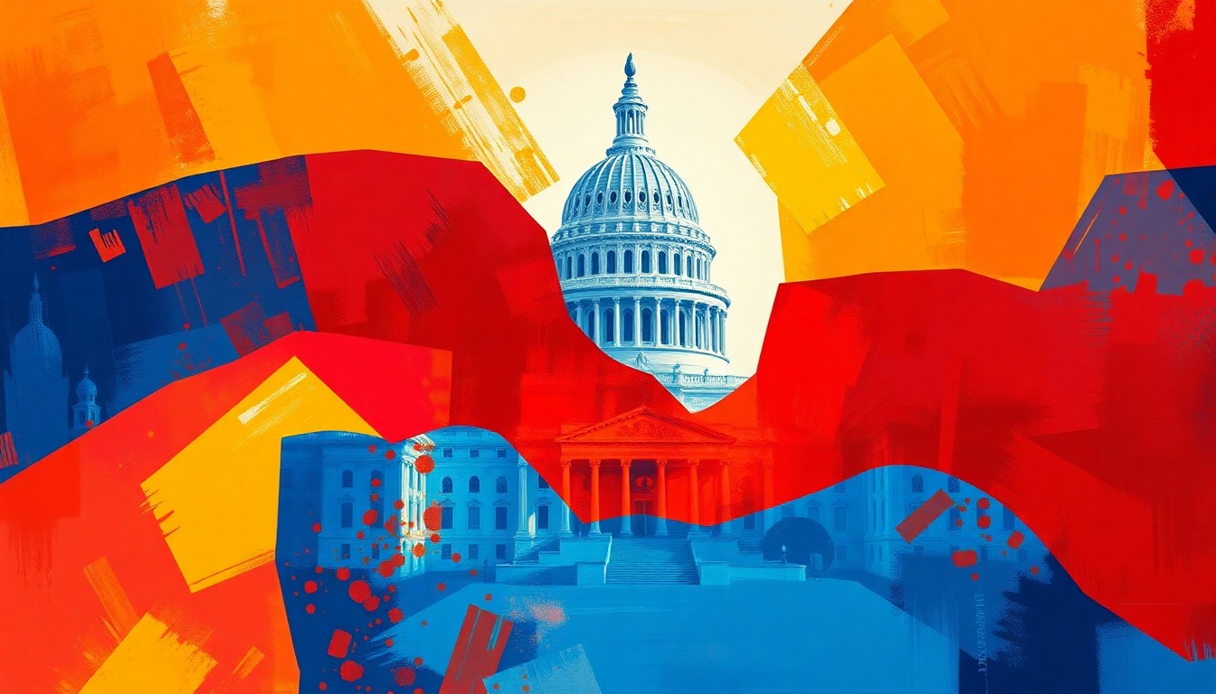 A vibrant, abstract painting featuring the California state capitol building repeated in overlapping, fractured geometric shapes in warm orange, deep red, and bright blue hues, conveying the turbulent political climate and divided Republican party.