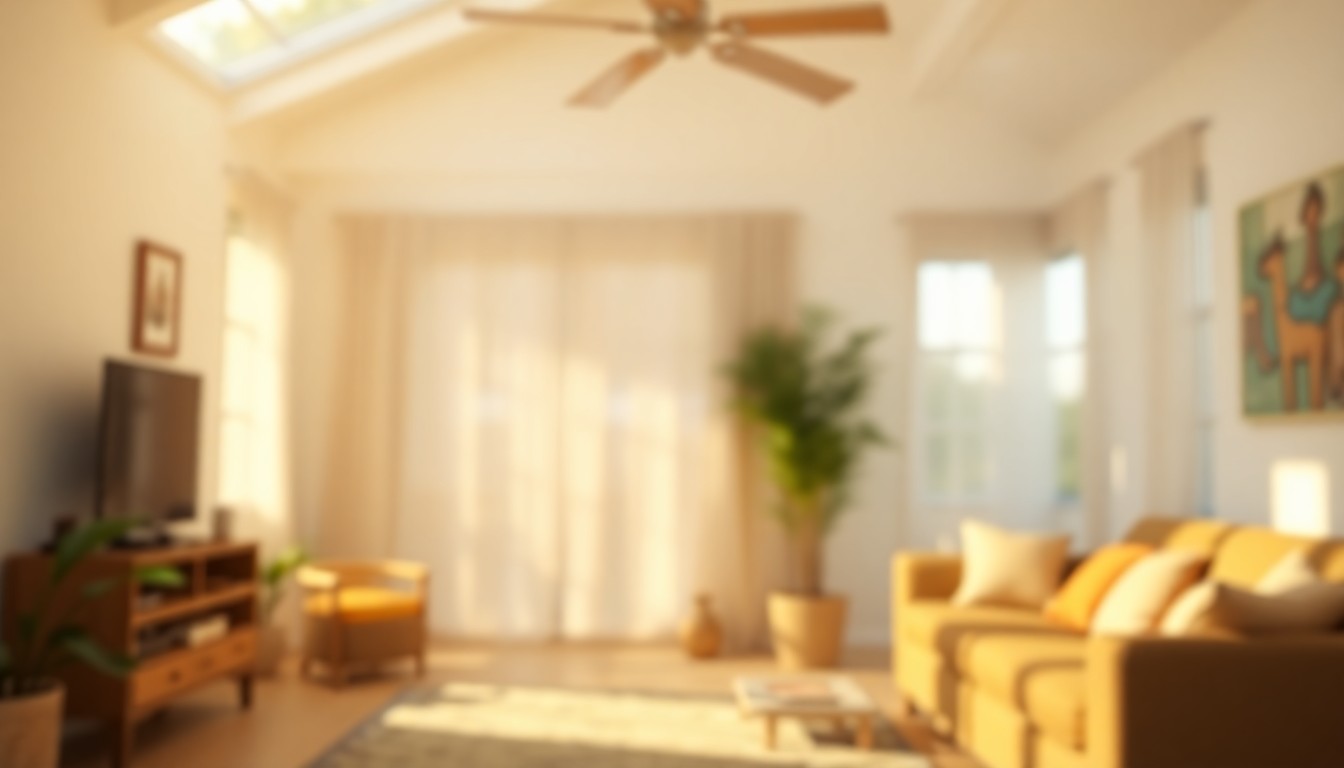 An extremely abstracted, out-of-focus photograph of a sun-dappled living room, with soft pools of warm color and light creating a tranquil, inviting atmosphere.