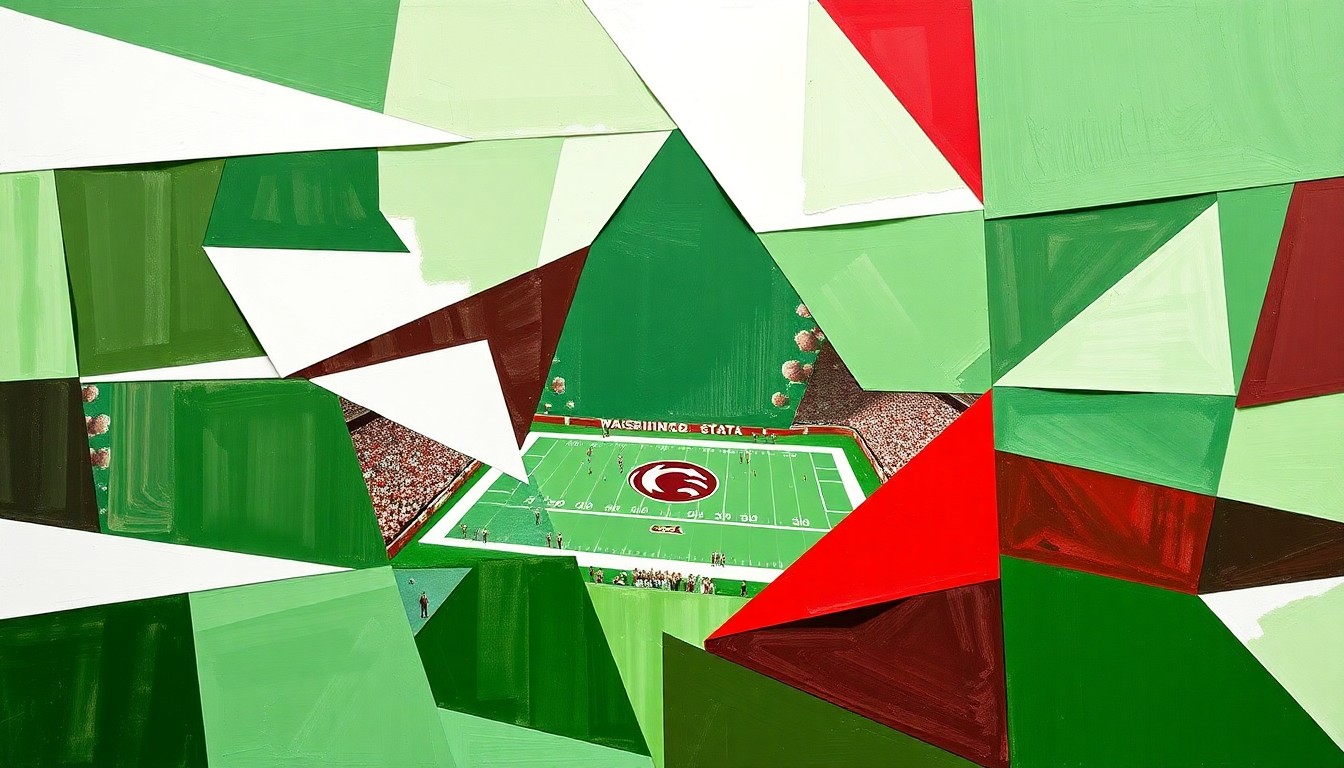 A cubist, geometric painting depicting a fragmented, multi-angled view of a football game, with sharp planes of green, white, and crimson representing the action on the field.