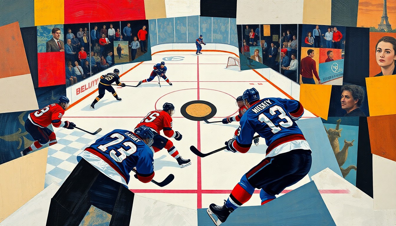 A cubist, geometric painting depicting the dynamic action of a hockey game, with players and the puck represented through fragmented, overlapping shapes and planes in a vibrant color palette.
