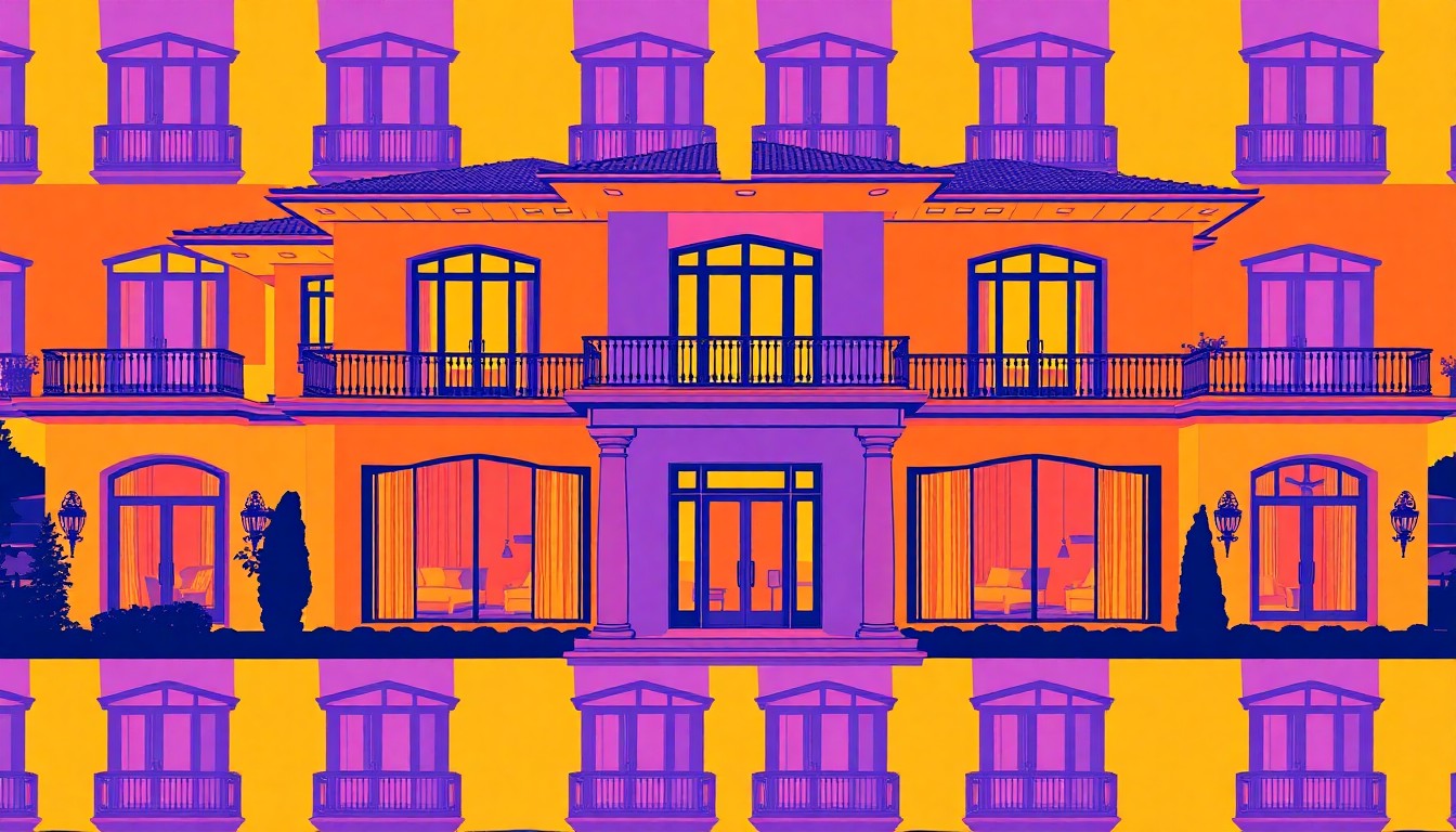 A brightly colored, high-contrast silkscreen print of a grand luxury home exterior repeated in a tight grid pattern, utilizing flat, vibrant neon colors and heavy black outlines to transform the everyday into modern pop art.