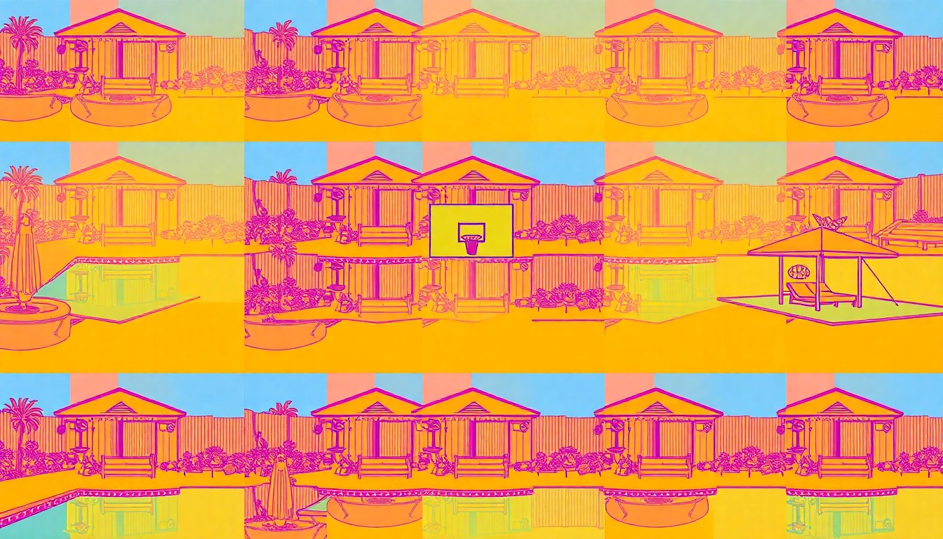 A brightly colored, high-contrast silkscreen print of a swimming pool repeated in a tight grid pattern, conceptually representing the luxury amenities of the Memphis estate.