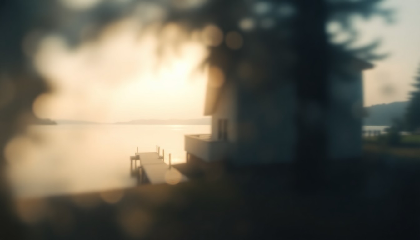 An impressionistic, out-of-focus scene of a lakefront home with a private dock and boat ramp, rendered in soft, warm tones and hazy light, conveying a sense of peaceful seclusion and relaxation.
