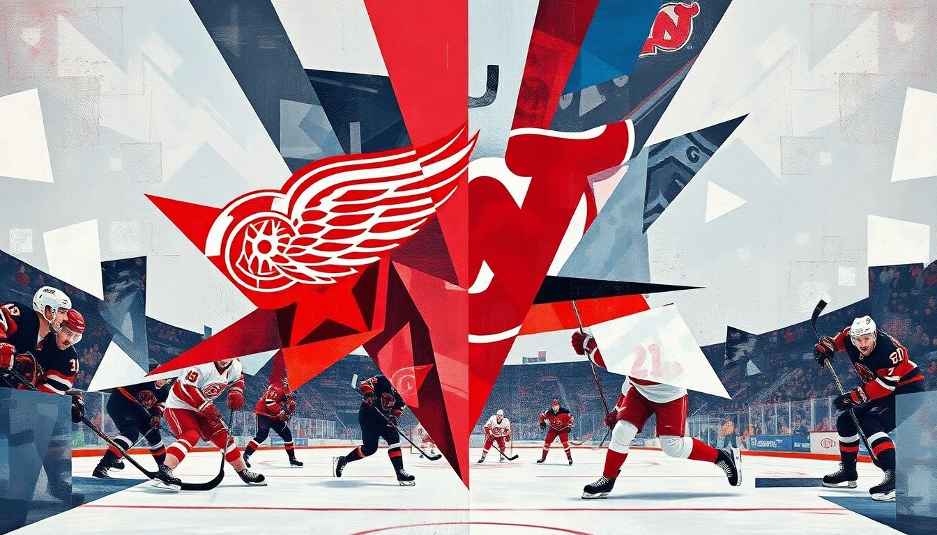 A fragmented, geometric painting depicting a hockey game between the Detroit Red Wings and New Jersey Devils, with the players and action broken down into abstract shapes and angles in the style of Pablo Picasso.