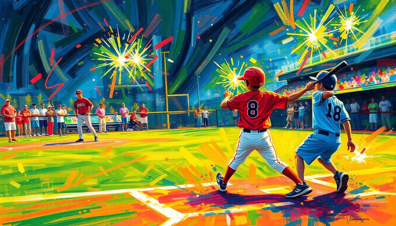 An abstract, textured painting in bright neon colors, with sweeping brushstrokes and splatters evoking the dynamic motion and excitement of a youth baseball game.