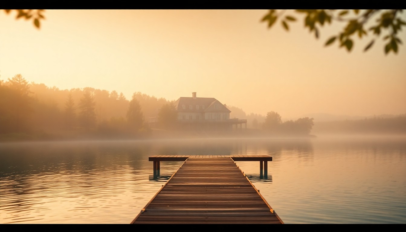 A soft, out-of-focus photograph in warm, hazy tones depicting a serene lakeside scene with a wooden dock, lush greenery, and the faint silhouette of a luxury home in the background, conceptually representing the peaceful, picturesque setting of this waterfront property.