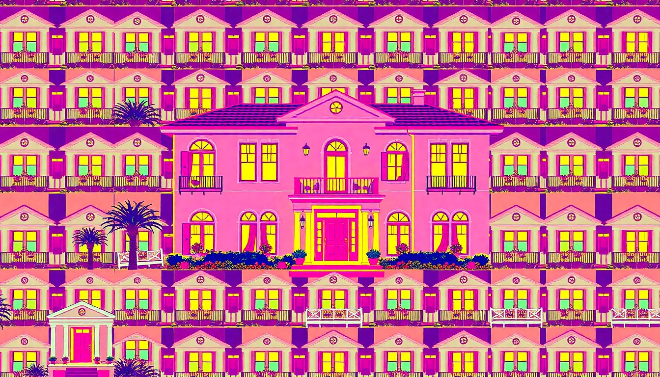 A highly stylized, abstract silkscreen illustration featuring a repeating pattern of a luxury home exterior in vibrant neon colors, conceptually representing the potential and energy of this rare Franklin real estate opportunity.