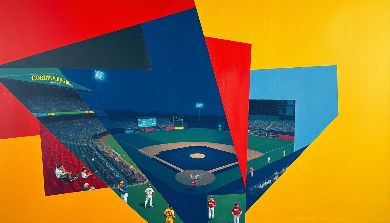 A fragmented, geometric painting depicting the dynamic movements and energy of a college baseball game, with overlapping planes of red, blue, and gold hues.
