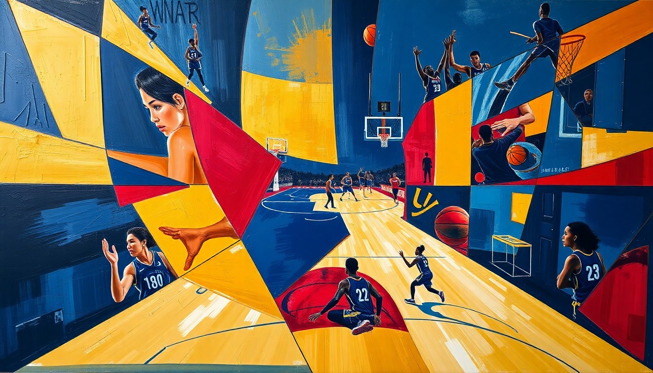 A cubist, geometric painting depicting a fragmented WNBA basketball game, with sharp planes of navy, gold, and crimson red overlapping to create a dynamic, abstract visual representation of the sport.