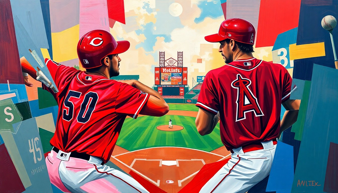 A cubist-style painting featuring overlapping geometric shapes and planes in the colors of the Reds and Angels uniforms, dynamically representing the action and energy of a baseball game.