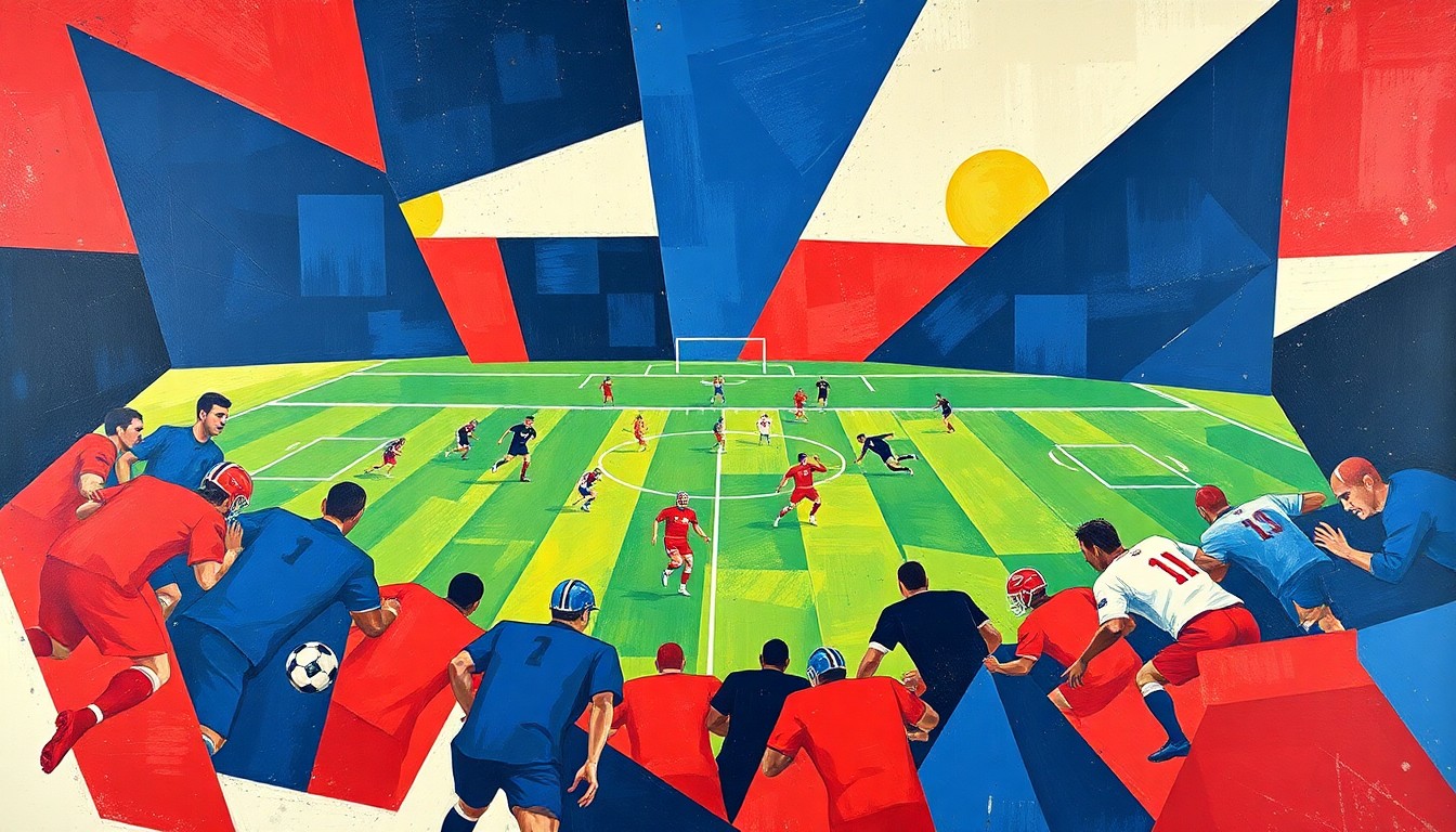 A fractured, multi-perspective painting in a cubist style, breaking down a football game into sharp, overlapping geometric planes of players, balls, and field in vibrant colors of navy blue, red, and white, conceptually representing the Patriots' focus on strengthening their offensive and defensive lines in the upcoming draft.