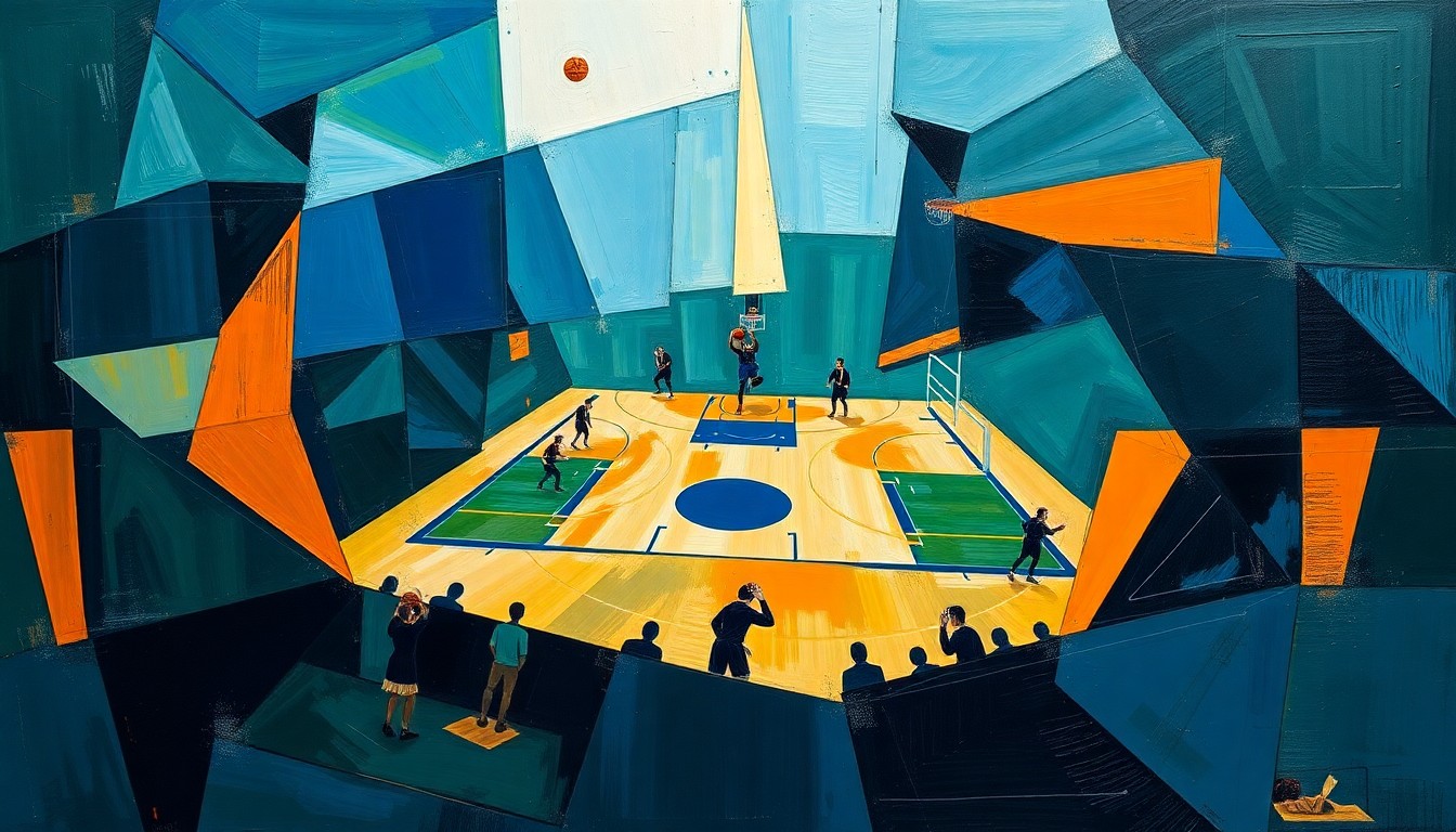 A cubist, geometric painting depicting a basketball game or match, with sharp, overlapping planes of navy blue, forest green, and burnt orange representing the dynamic action on the court.