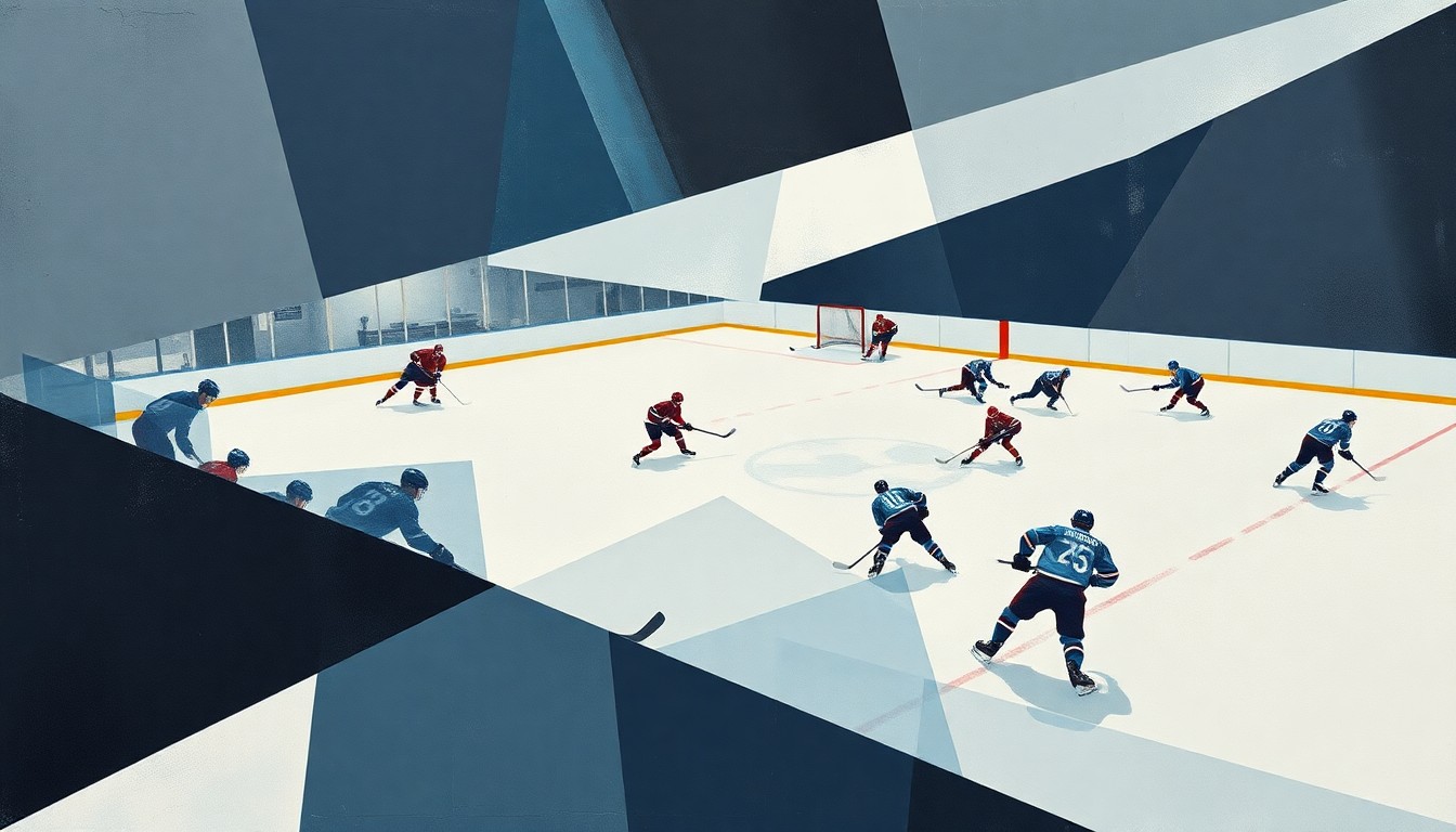 A cubist, geometric painting depicting a hockey game, with sharp, overlapping shapes in muted blues, greys, and whites, punctuated by flashes of red and yellow, conveying the intensity and drama of the championship matchup.