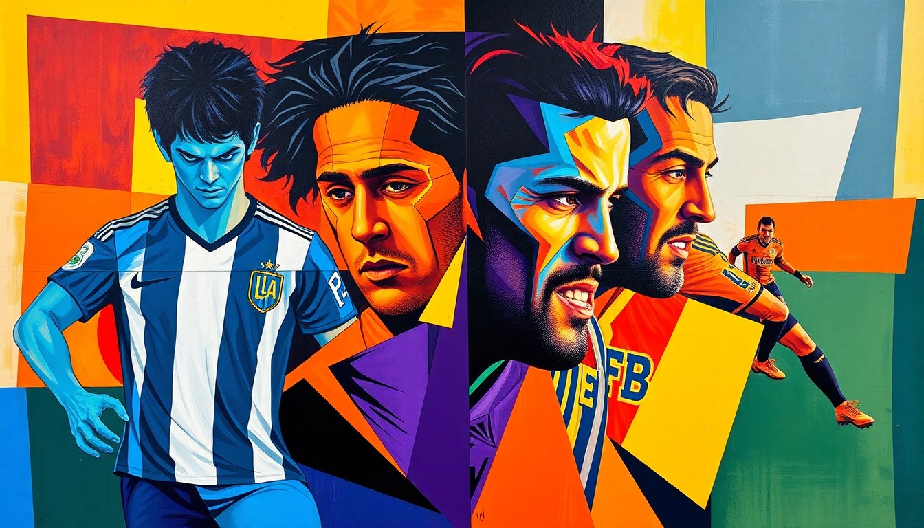 A cubist, geometric painting depicting an abstract soccer match, with the players' forms broken down into overlapping planes of vibrant colors like electric blue, fiery orange, and deep purple.