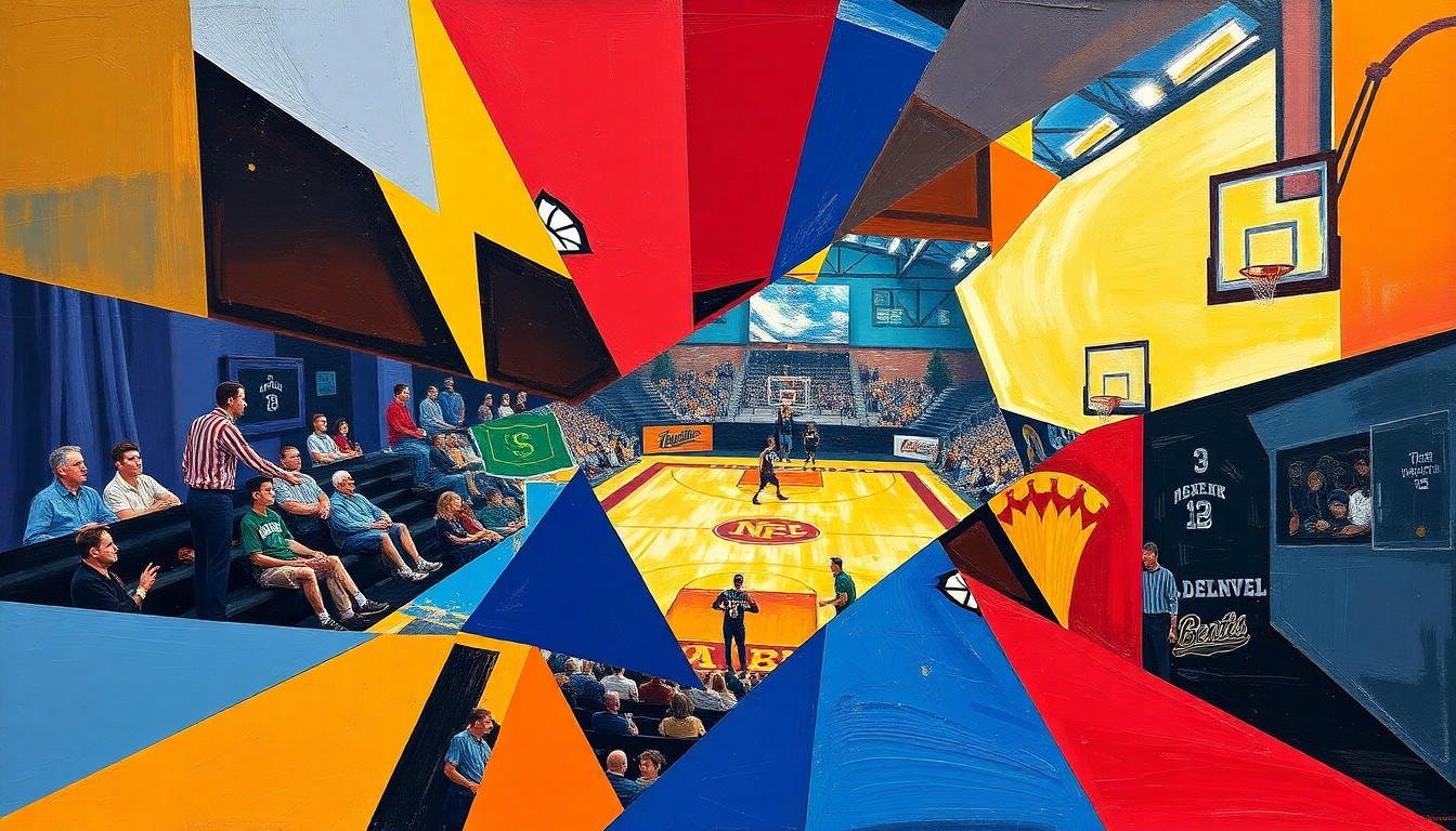 A cubist-style painting featuring overlapping geometric shapes and planes in the colors of Denver-area high school sports teams, conceptually representing the multifaceted coverage of local prep athletics.