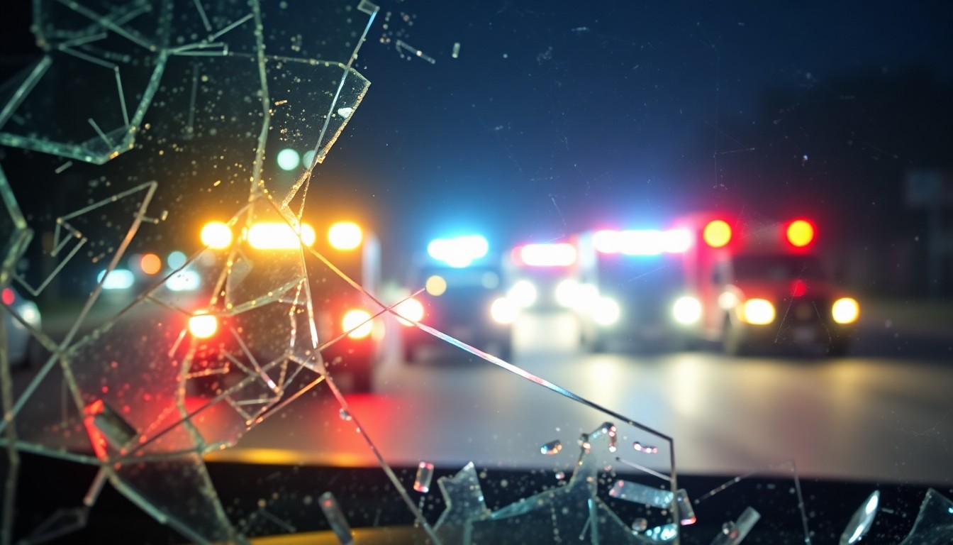 An extreme close-up of a shattered car window reflecting the flashing lights of emergency vehicles, conceptually representing the devastating aftermath of a serious drunk driving collision.