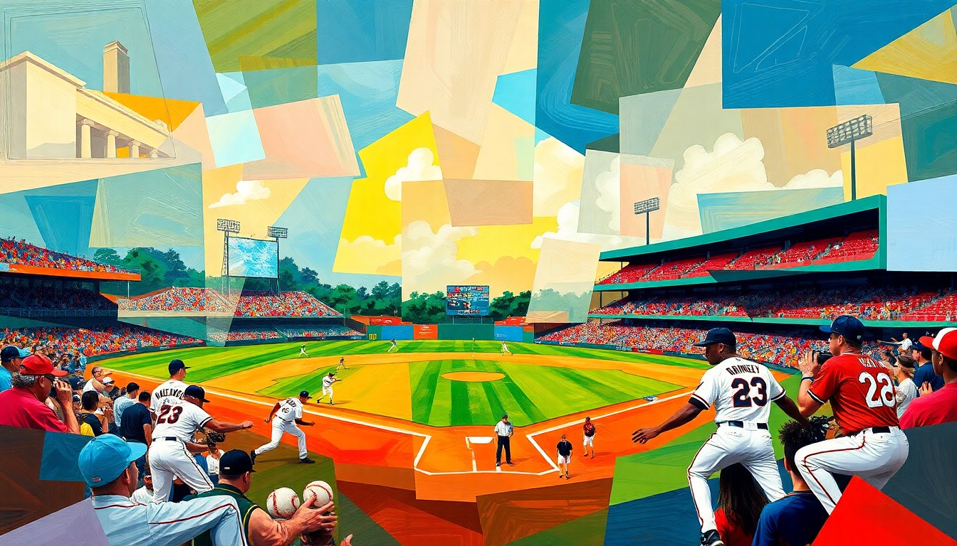 A fragmented, geometric painting in the style of Pablo Picasso, depicting the motion and energy of a baseball game through overlapping planes of vibrant colors representing the uniforms of the two teams.