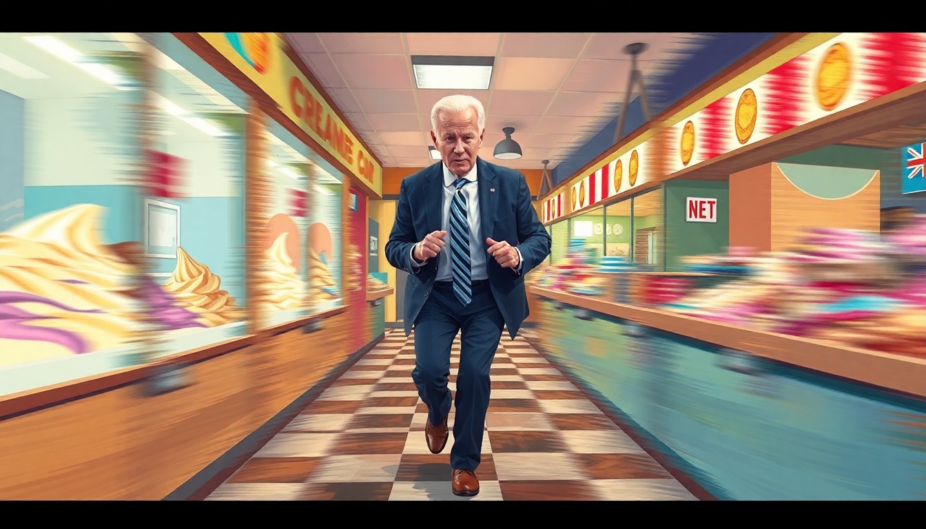 A fractured, abstract painting depicting the blurred, overlapping motion of an elderly man shuffling through an ice cream shop, the geometric waves of color and movement conveying a sense of disorientation and exhaustion.