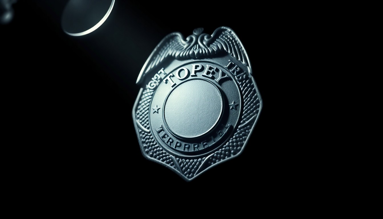 An extreme close-up photograph of a police badge or other symbolic crime-related object, lit dramatically with a harsh flash against a dark background, conveying a somber, investigative mood without depicting any violence or victims.