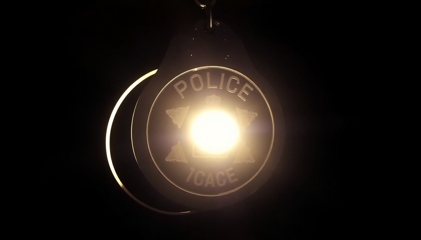 An extreme close-up photograph of a police badge or handcuffs, the metal and leather details sharply illuminated by a harsh flash against a pitch-black background, conveying a sense of gritty investigation and unresolved tensions.